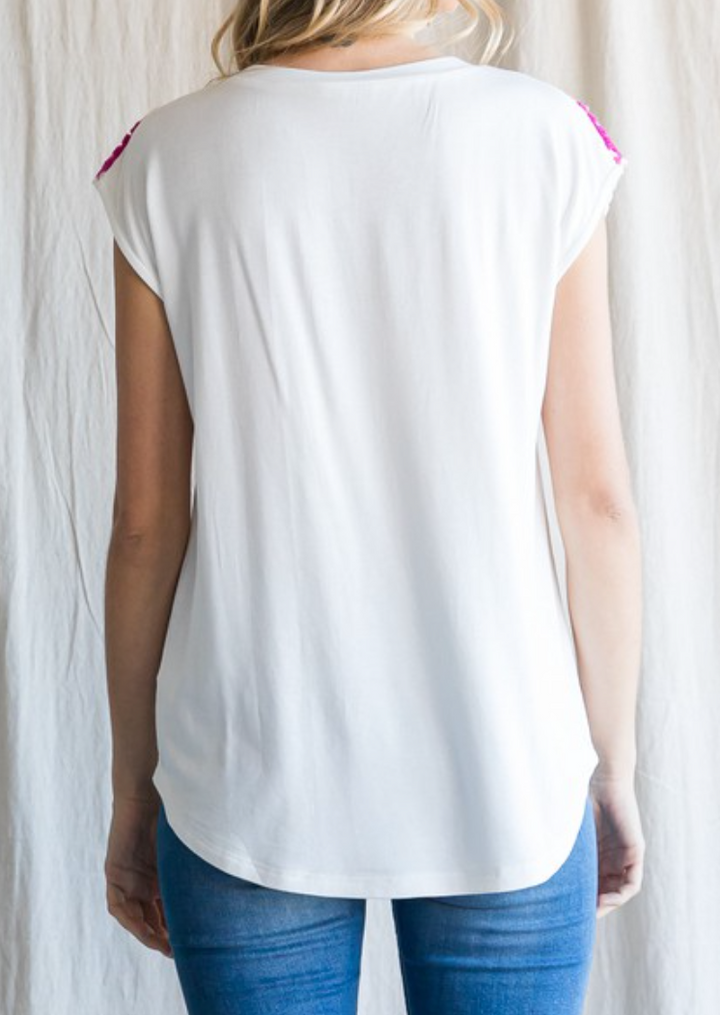 Jodifl - Solid Embroidery Cap Shoulder Top