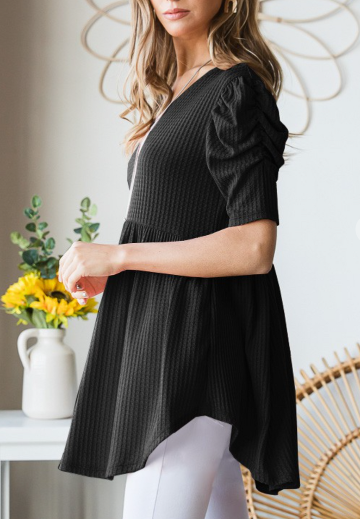 Heimish - RUCHED HALF SLEEVE WAFFLE BABYDOLL TOP