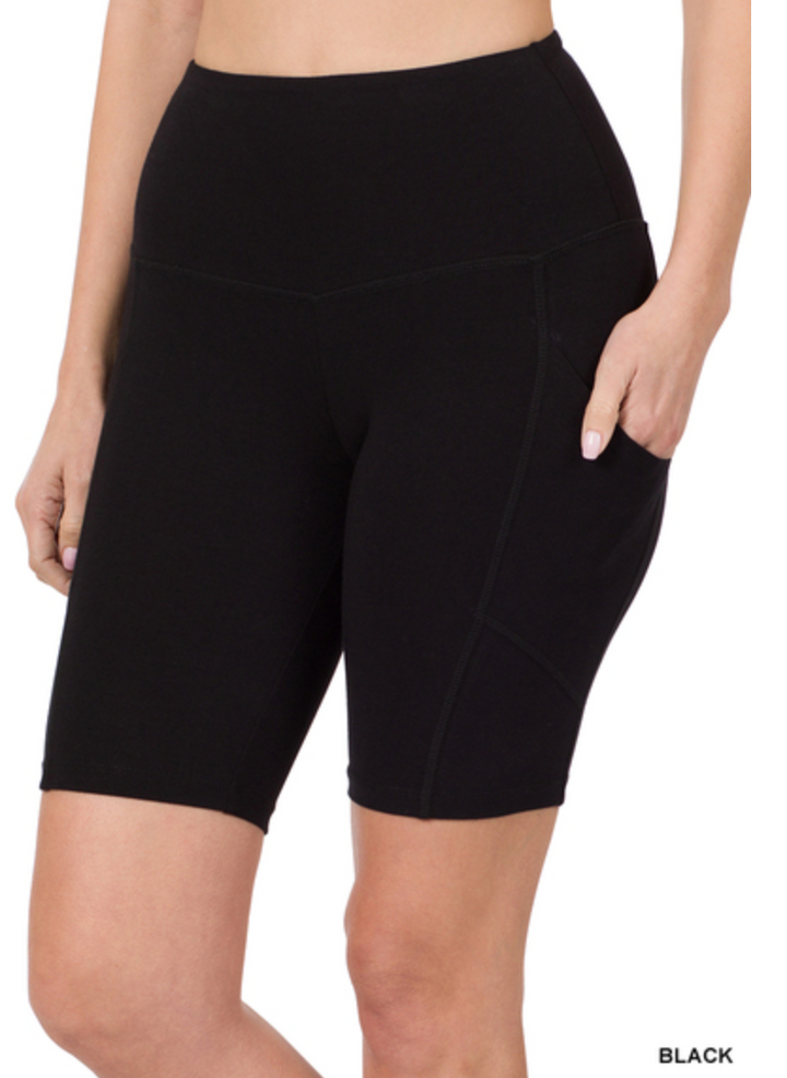 Zenana - COTTON WAISTBAND BIKER SHORTS WITH POCKETS