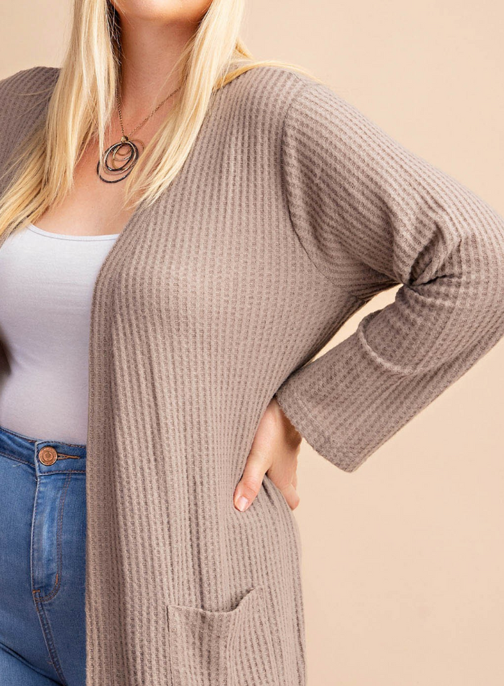 Kori - OPEN FORNT BRUSHED WAFFLE KNIT DUSTER (MOCHA)