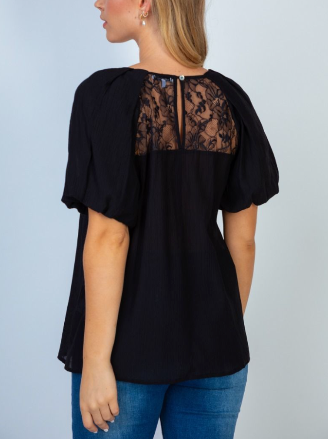 White Birch - Black Puff Sleeve Top with Lace Back Detail