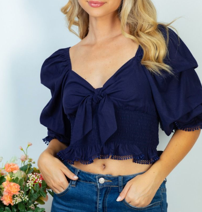 White Birch - Tie Front Smocked Top