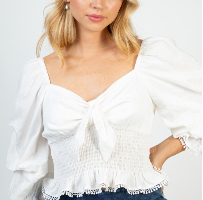 White Birch - Tie Front Smocked Top