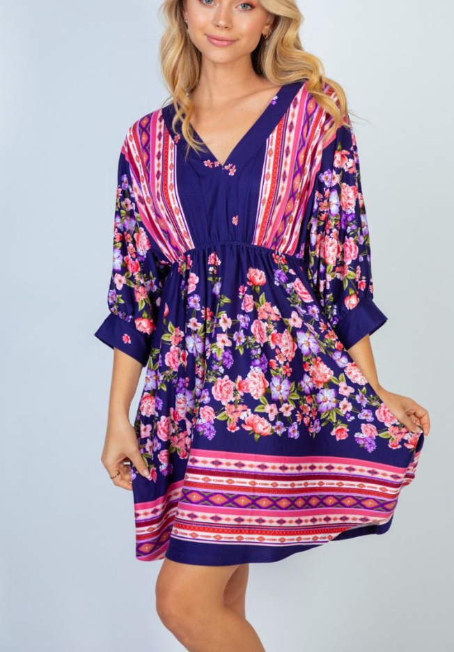 White Birch - Three Quarter Sleeve Bandana Dress Navy