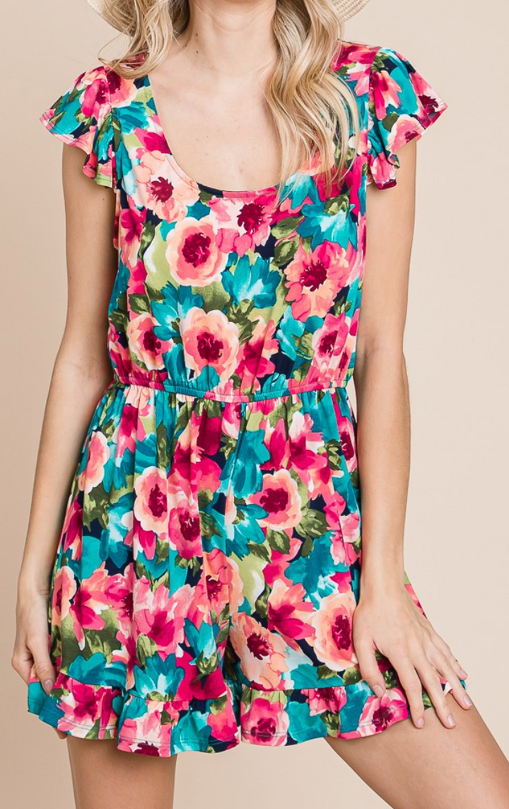 Emerald Co -  Floral Romper with Flutter Sleeves
