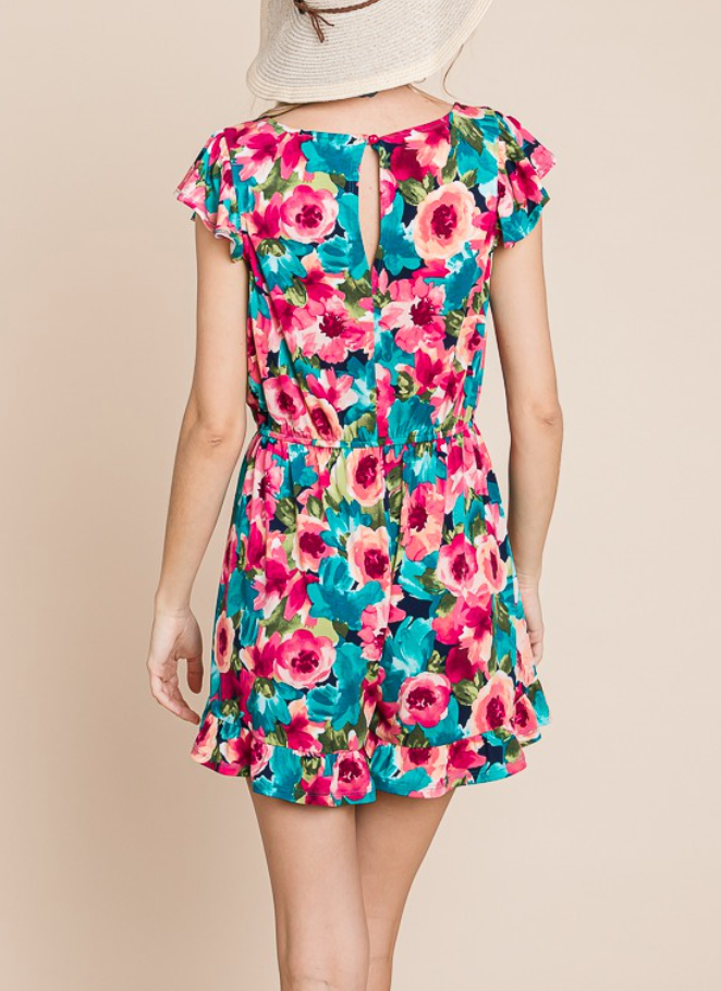 Emerald Co -  Floral Romper with Flutter Sleeves