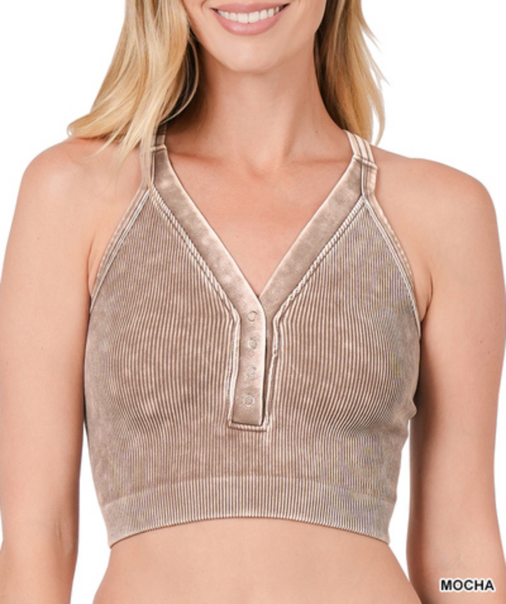 Zenana - WASHED RIBBED CROPPED BUTTON V-NECK TANK TOP