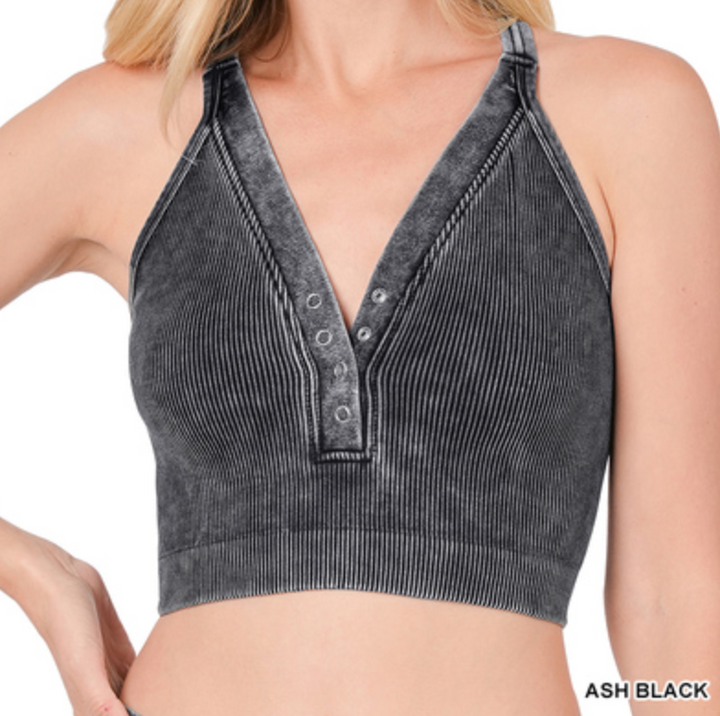 Zenana - WASHED RIBBED CROPPED BUTTON V-NECK TANK TOP