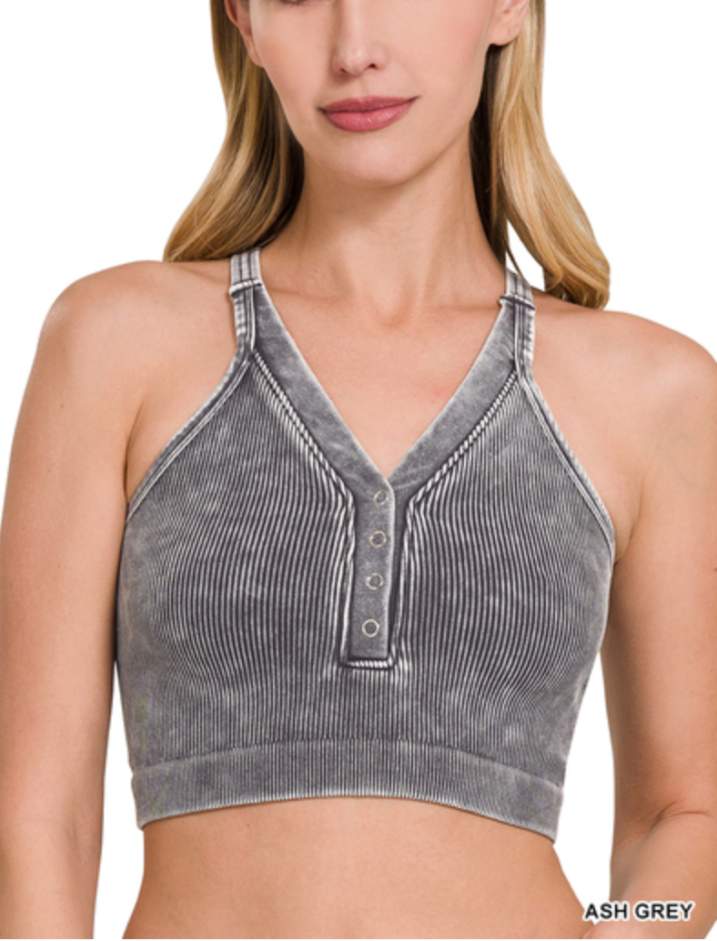 Zenana - WASHED RIBBED CROPPED BUTTON V-NECK TANK TOP