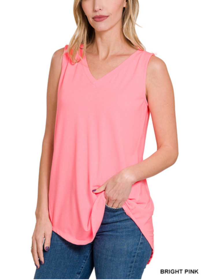 Zenana - LUXE RAYON SLEEVELESS V-NECK HI-LOW HEM TOP