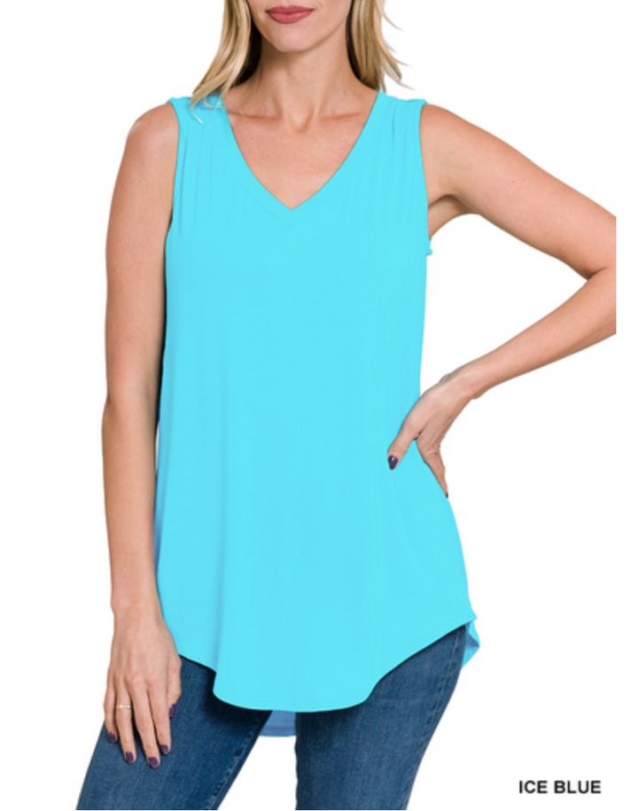 Zenana - LUXE RAYON SLEEVELESS V-NECK HI-LOW HEM TOP