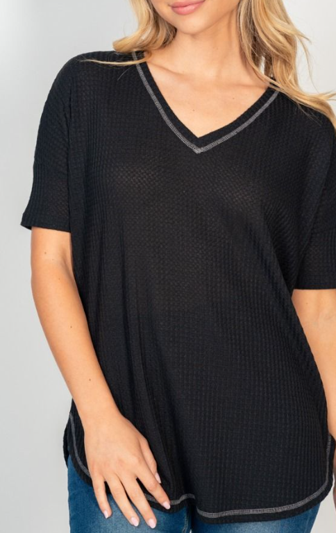 White Birch - Waffle V Neck Reverse Stitch Top