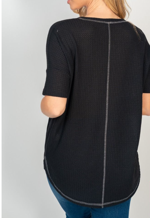 White Birch - Waffle V Neck Reverse Stitch Top
