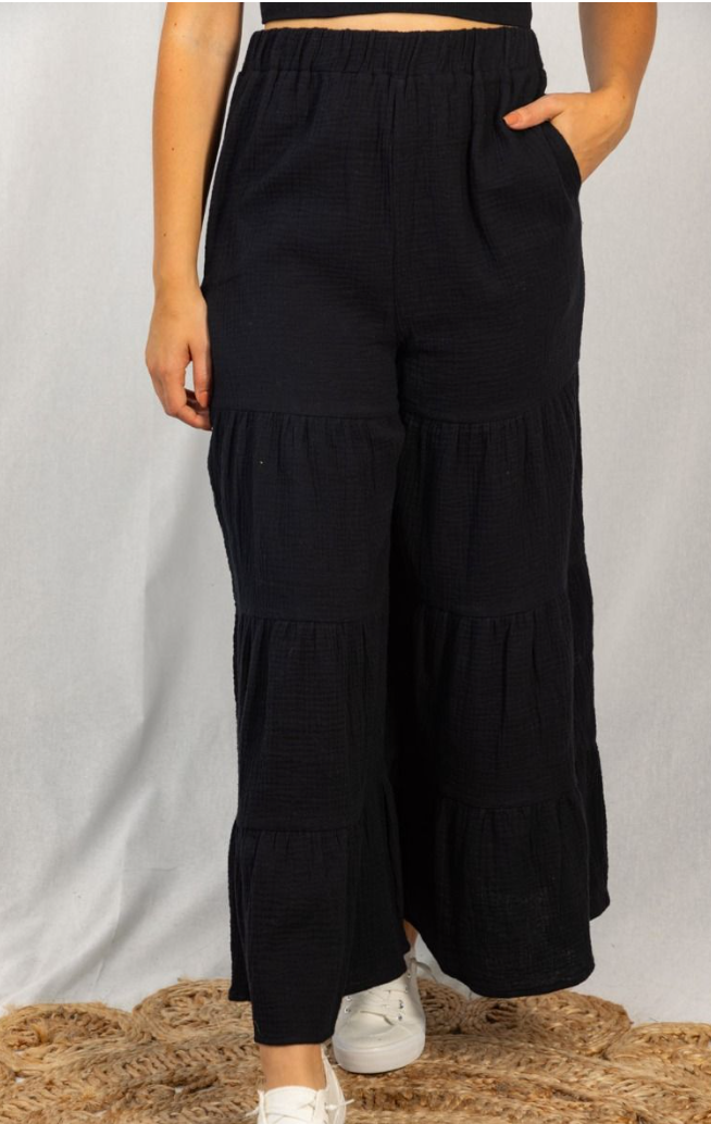 White Birch - Wide Leg Tiered Pants in Black