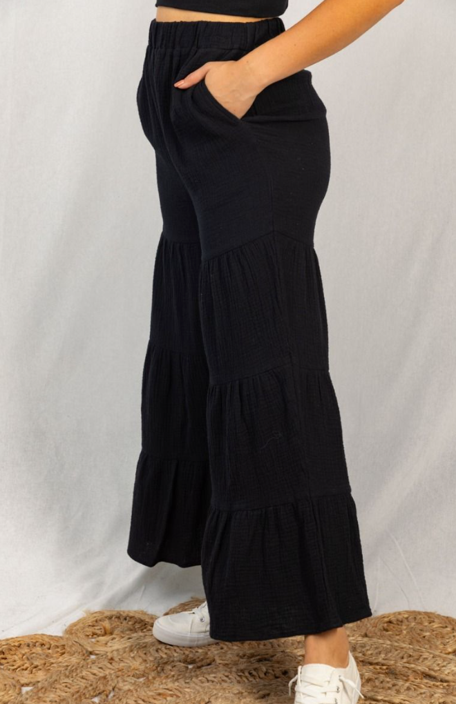 White Birch - Wide Leg Tiered Pants in Black