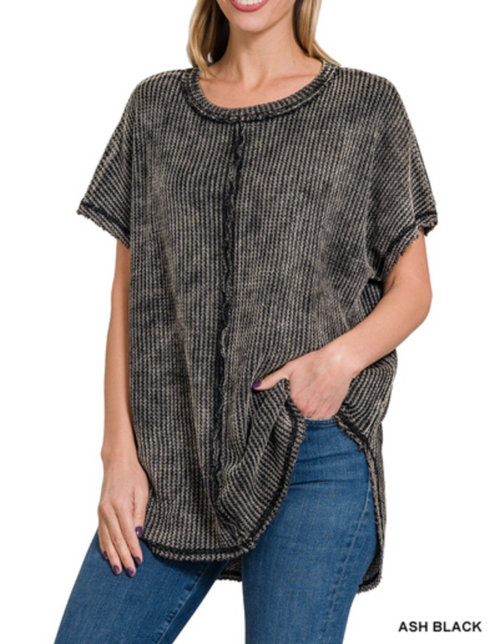 Zenana - MINERAL WASH WAFFLE SHORT SLEEVE TOP