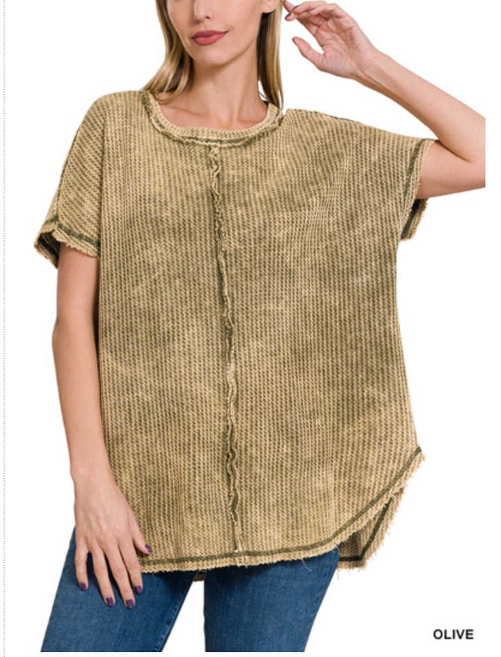 Zenana - MINERAL WASH WAFFLE SHORT SLEEVE TOP