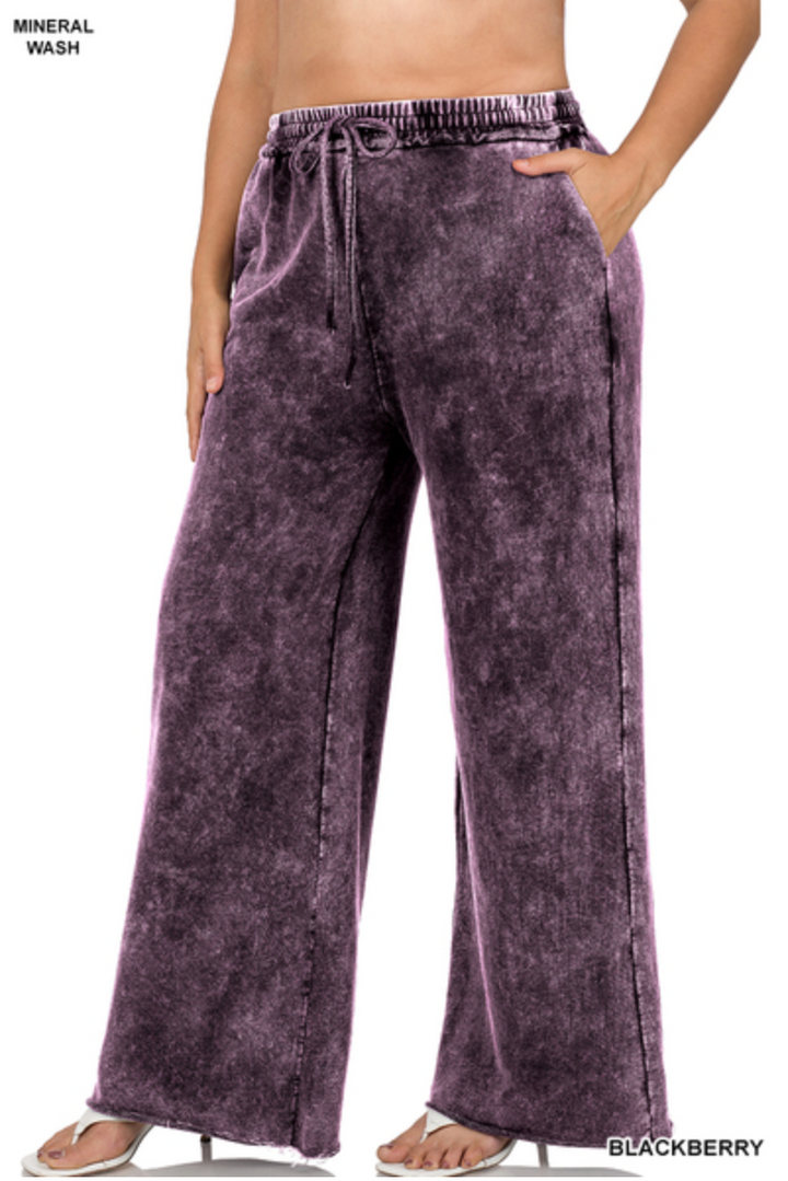 Zenana - TERRY MINERAL WASHED DRAWSTRING WAIST PANTS