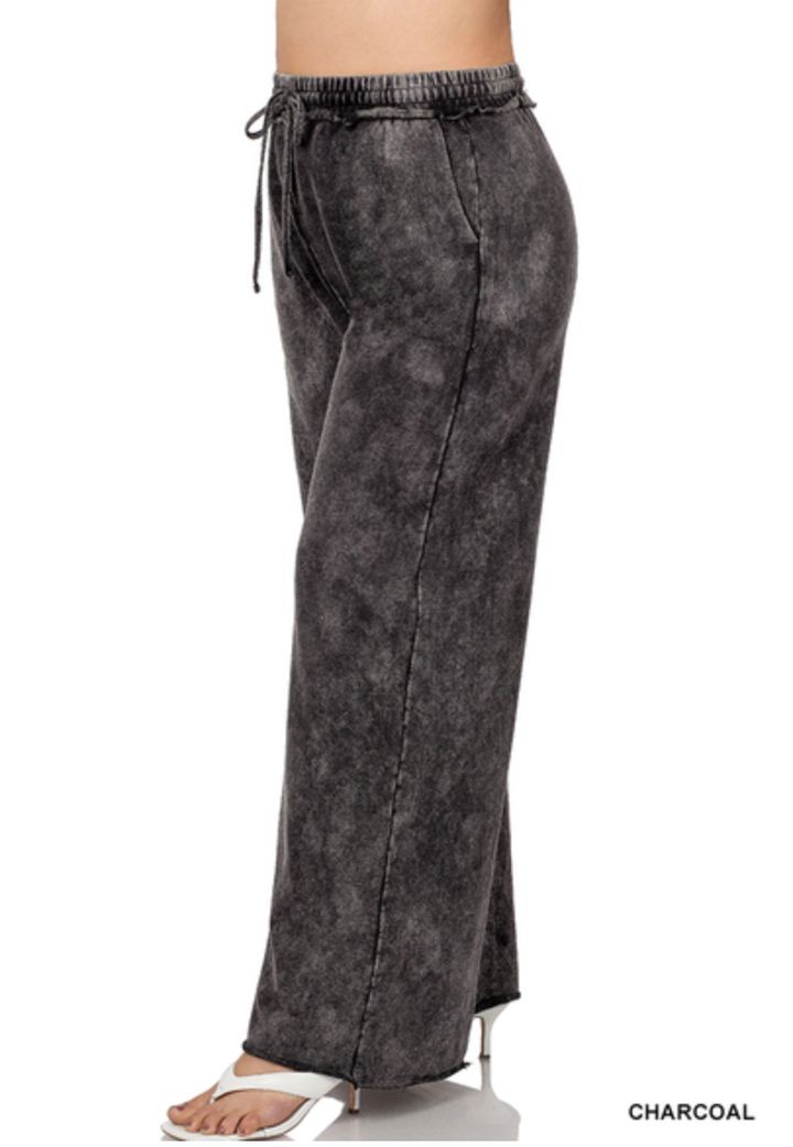 Zenana - TERRY MINERAL WASHED DRAWSTRING WAIST PANTS
