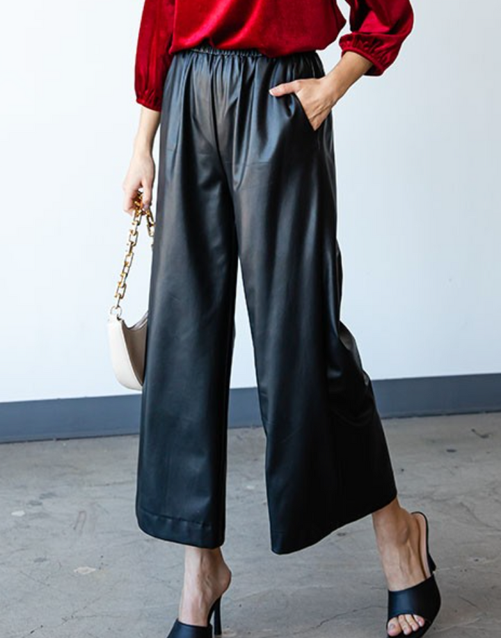 First Love - FAUX LEATHER ELASTIC WAIST PALAZZO PANTS