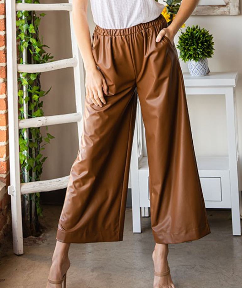 First Love - FAUX LEATHER ELASTIC WAIST PALAZZO PANTS