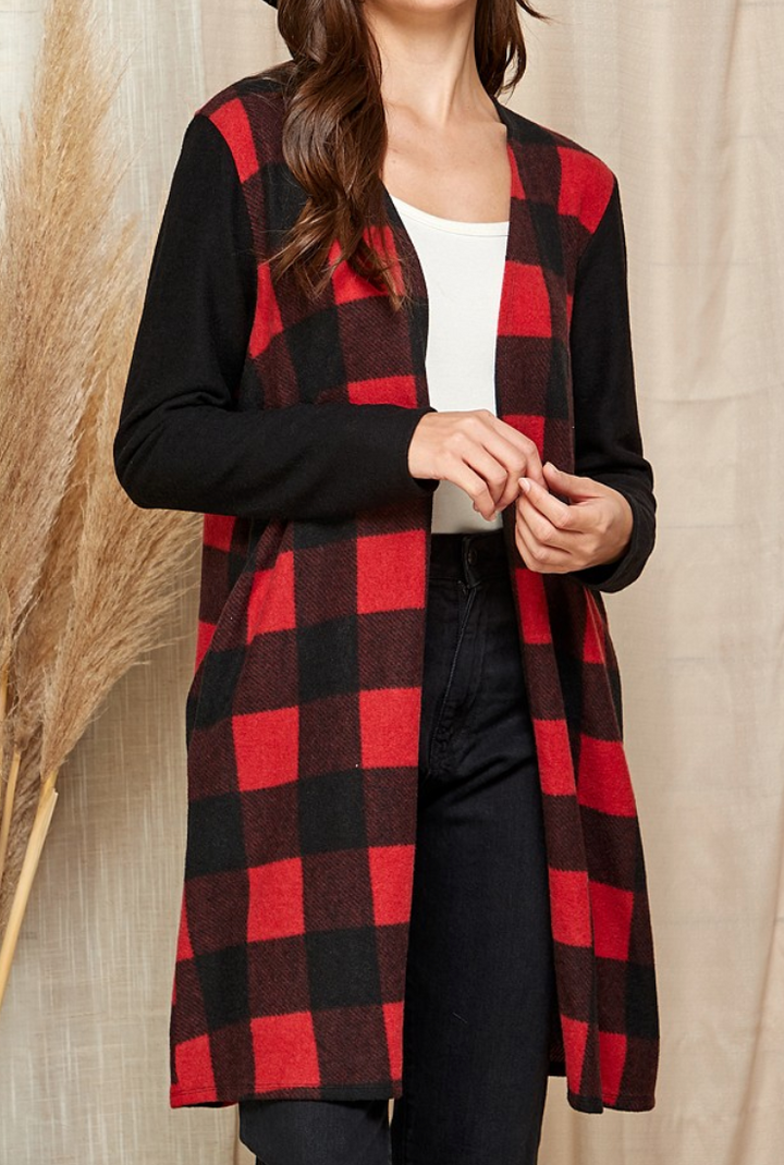 Shopin LA - CHECKER PLAIDED OPEN FRONT DRAPED CARDIGAN