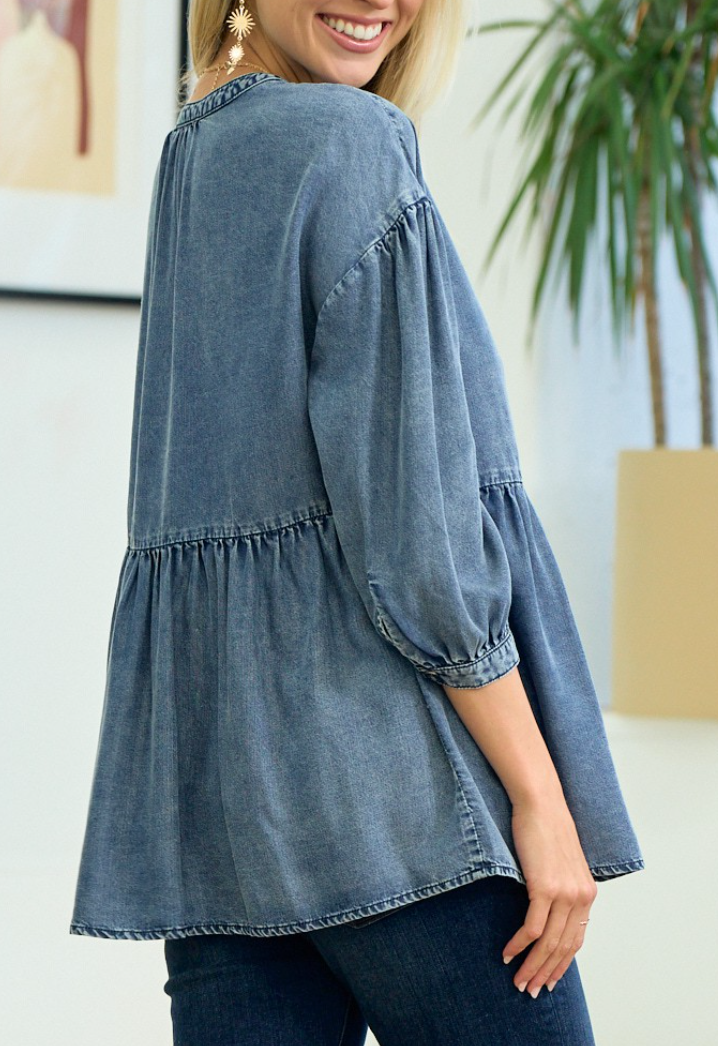 Doe & Rae - BABYDOLL DENIM SHIRT WITH MANDARIN COLLAR