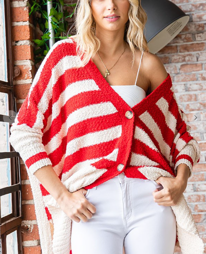First Love - TEXTURED STRIPED BUTTON DOWN LOOSE FIT CARDIGAN