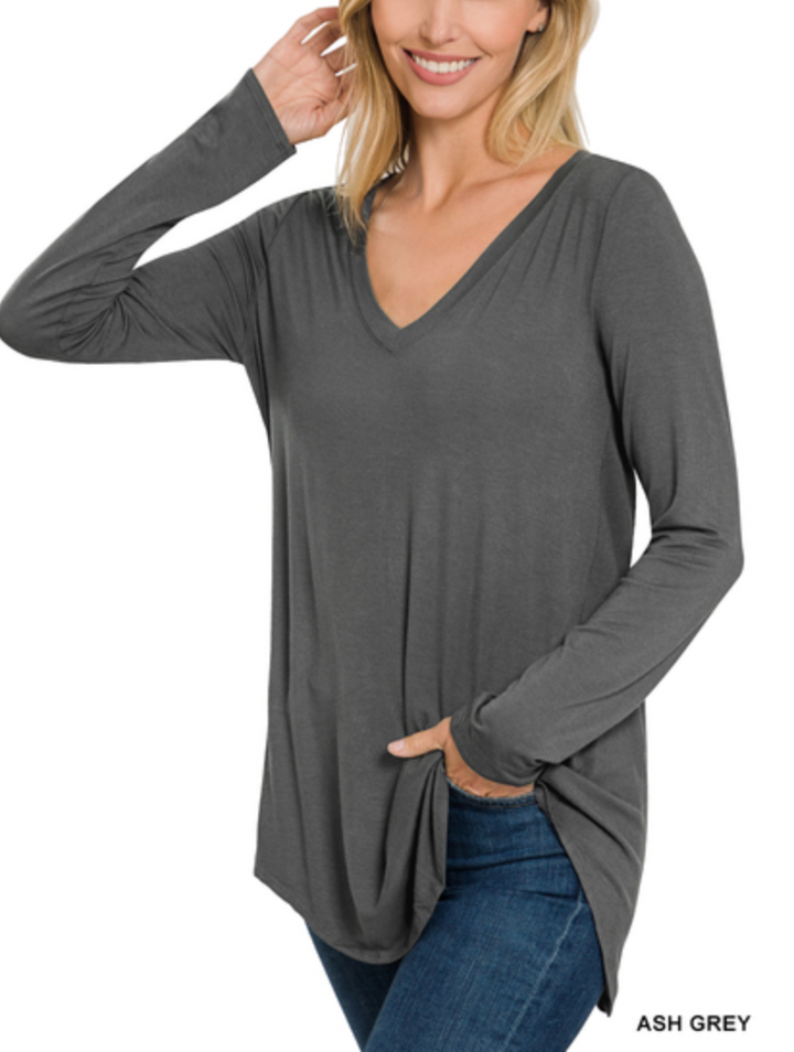 Zenana - LUXE RAYON LONG SLEEVE V-NECK DOLPHIN HEM TOP