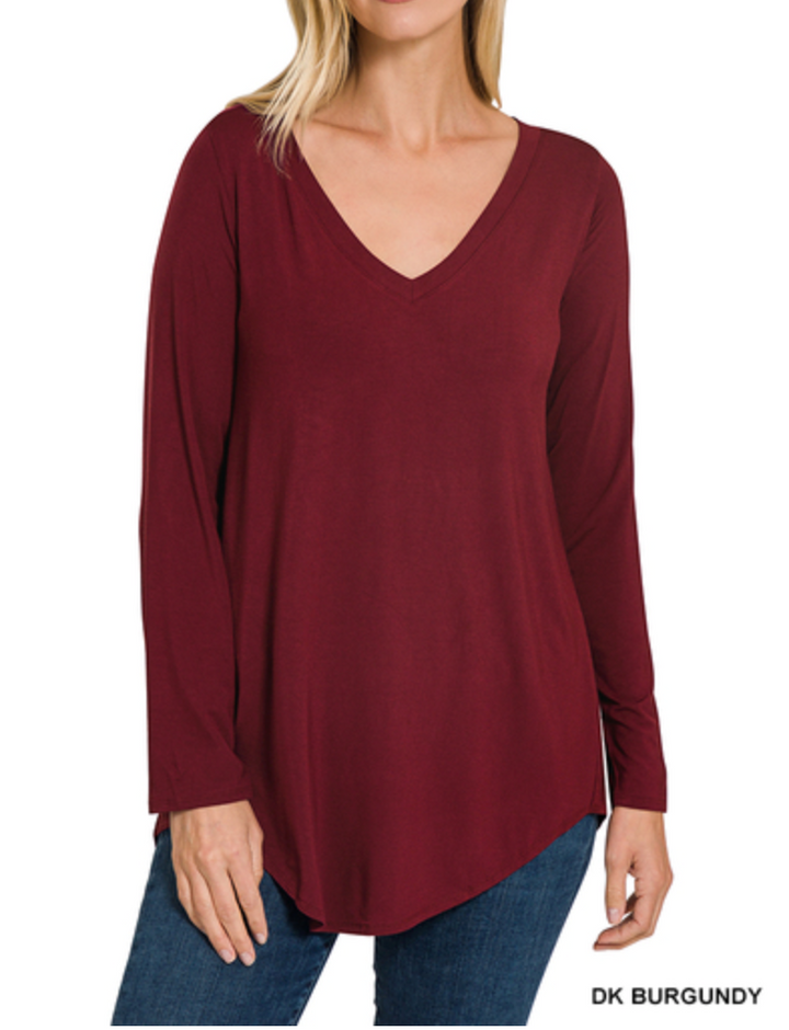 Zenana - LUXE RAYON LONG SLEEVE V-NECK DOLPHIN HEM TOP
