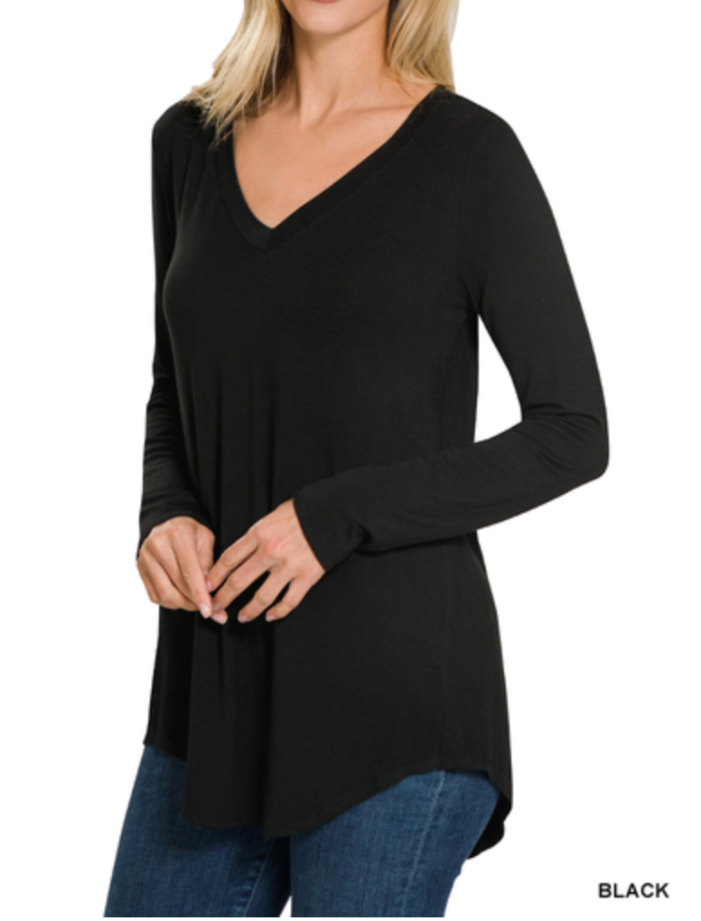 Zenana - LUXE RAYON LONG SLEEVE V-NECK DOLPHIN HEM TOP