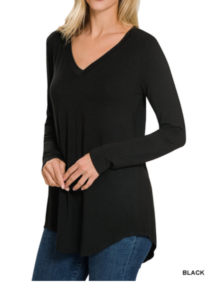 Zenana - LUXE RAYON LONG SLEEVE V-NECK DOLPHIN HEM TOP
