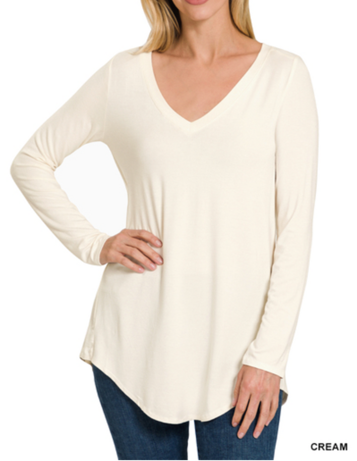 Zenana - LUXE RAYON LONG SLEEVE V-NECK DOLPHIN HEM TOP
