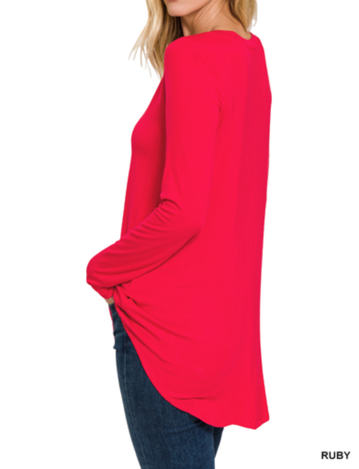 Zenana - LUXE RAYON LONG SLEEVE V-NECK DOLPHIN HEM TOP