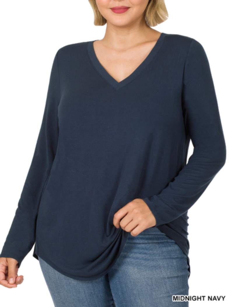Zenana - LUXE RAYON LONG SLEEVE V-NECK DOLPHIN HEM TOP