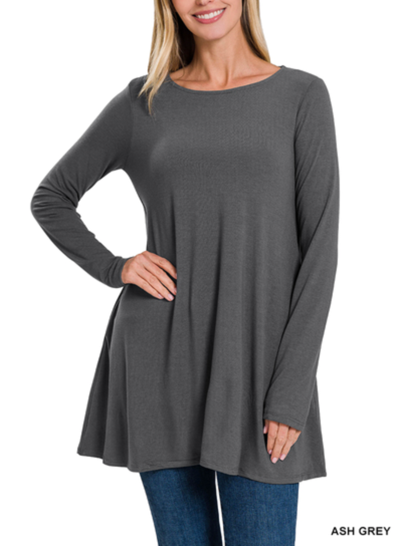 Zenana - LONG SLEEVE BOAT NECK FLARED POCKETS TOP