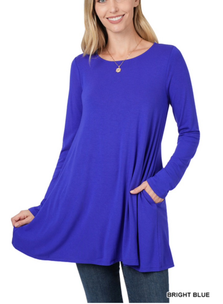 Zenana - LONG SLEEVE BOAT NECK FLARED POCKETS TOP