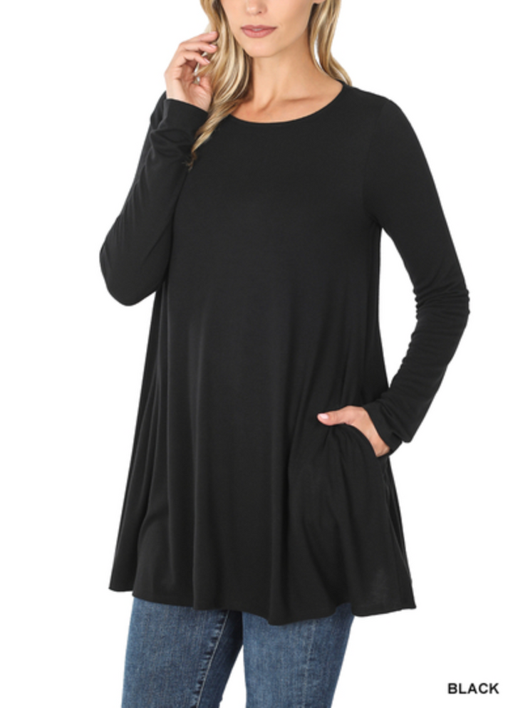 Zenana - LONG SLEEVE BOAT NECK FLARED POCKETS TOP