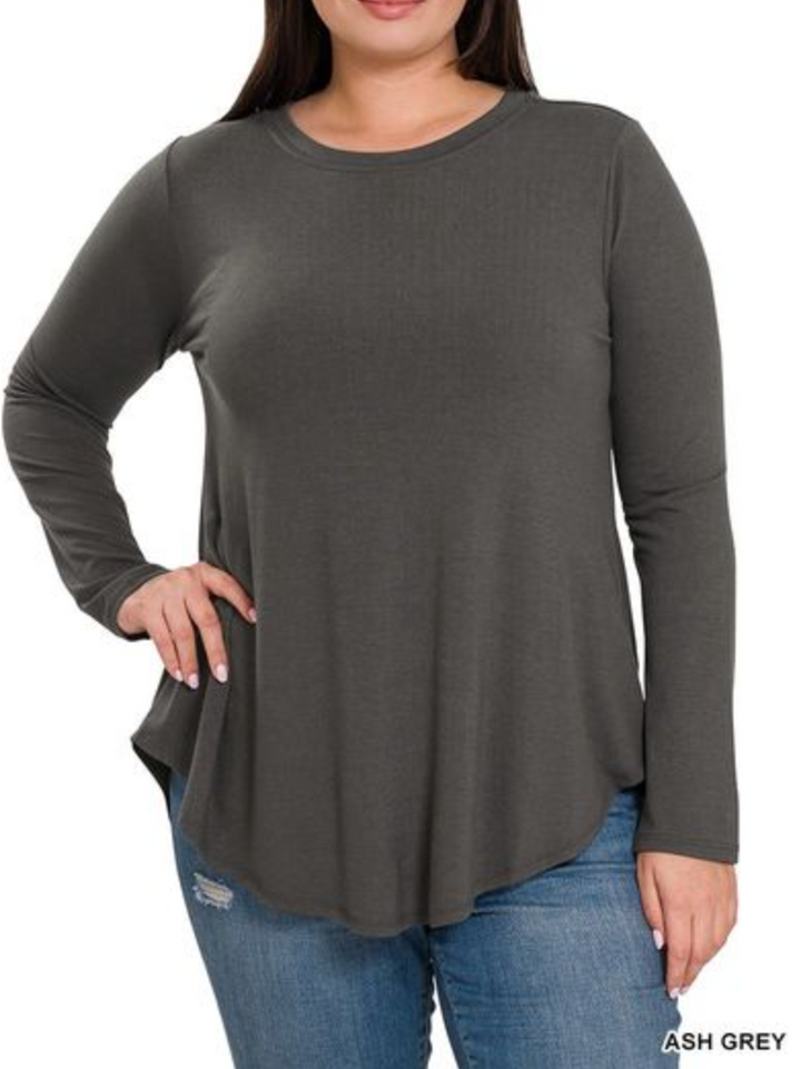 Zenana - LONG SLEEVE ROUND NECK ROUND HEM TOP