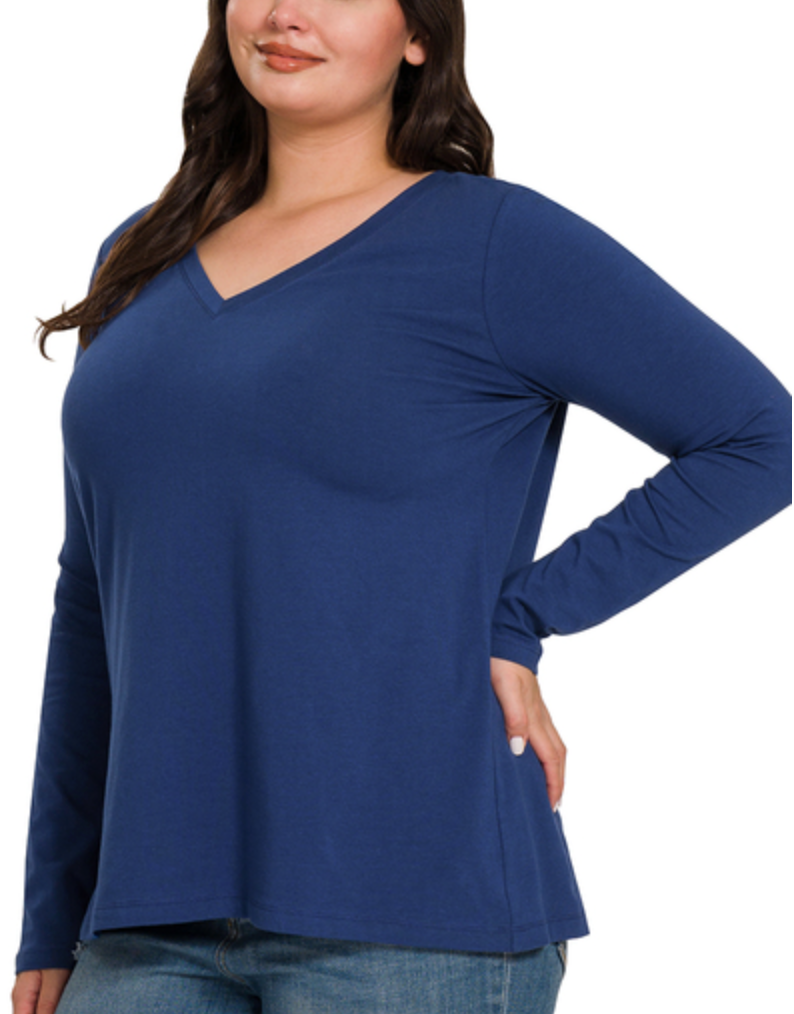 Zenana - COTTON V-NECK LONG SLEEVE T-SHIRT