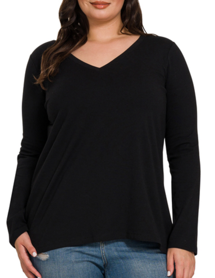 Zenana - COTTON V-NECK LONG SLEEVE T-SHIRT