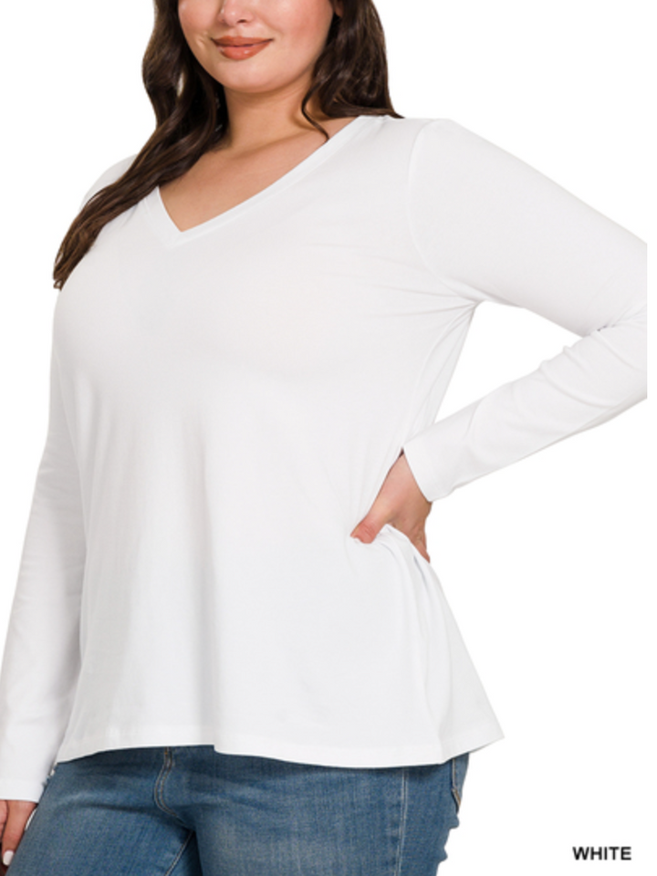 Zenana - COTTON V-NECK LONG SLEEVE T-SHIRT
