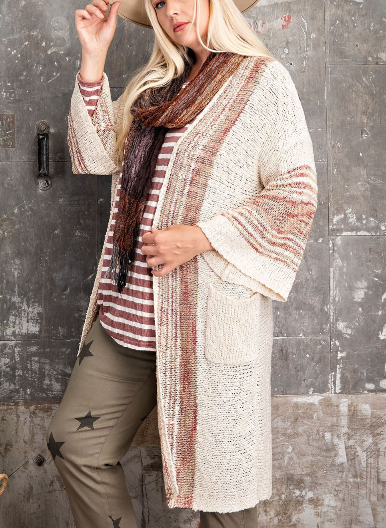 Easel - WIDE SLEEVE BOHO SWEATER KNIT OPEN CARDIGAN WITH POCKETS
