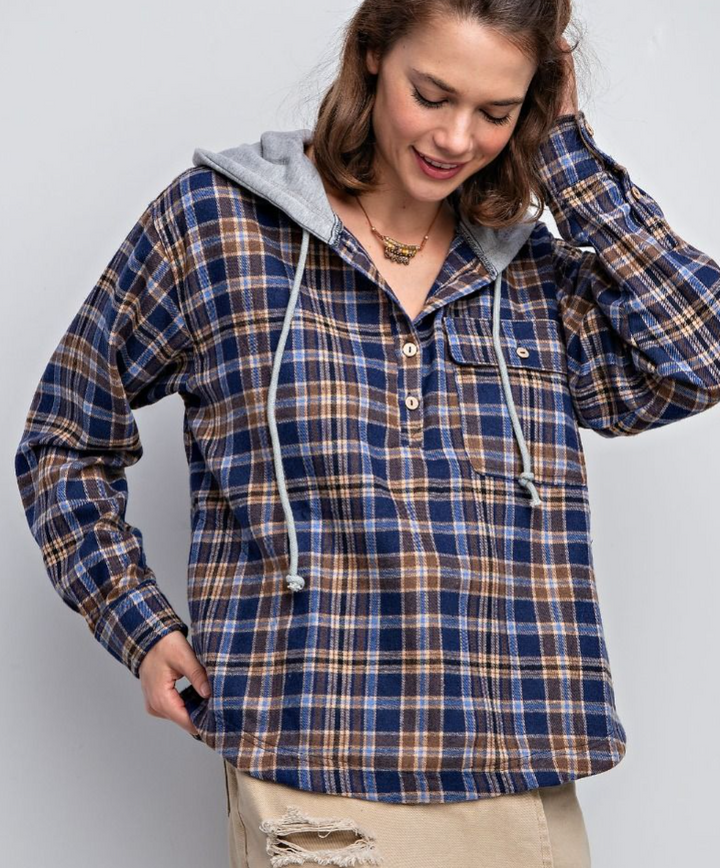 Easel - PLAID PRINTED HOODIE PULLOVER