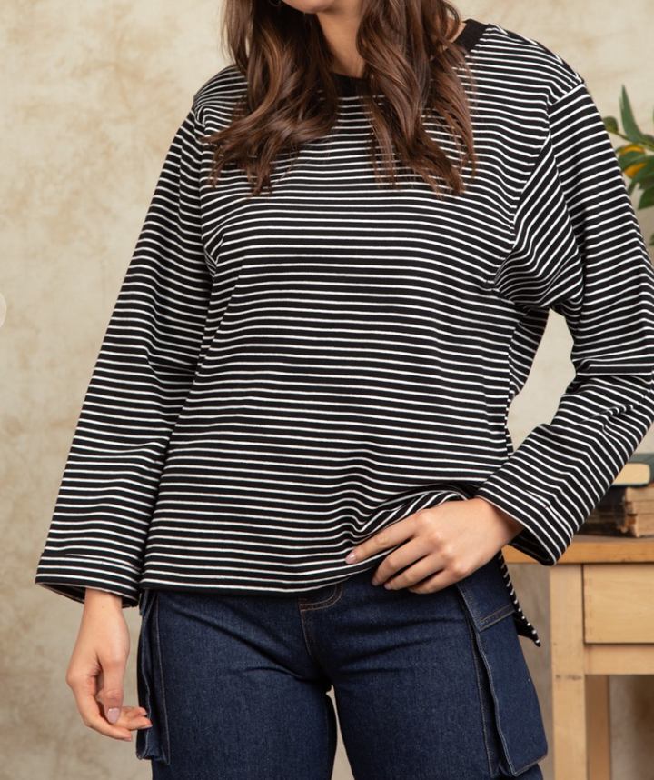 Very J - Frenchy Terry Striped Casual Knit Top