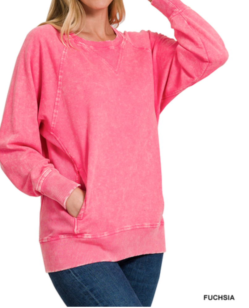 Zenana - ACID WASHED FRENCH TERRY PULLOVER WITH POCKETS