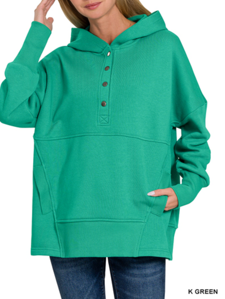 Zenana - HALF BUTTON HOODED PULLOVER WITH KANGAROO POCKET
