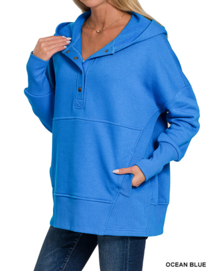 Zenana - HALF BUTTON HOODED PULLOVER WITH KANGAROO POCKET