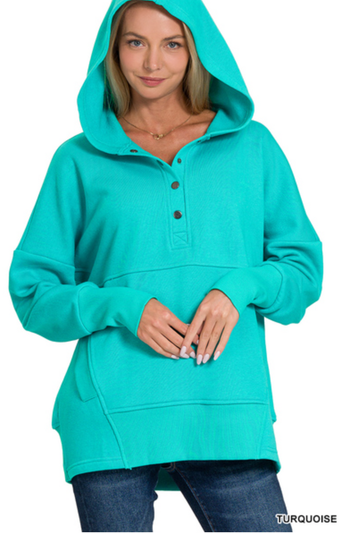 Zenana - HALF BUTTON HOODED PULLOVER WITH KANGAROO POCKET