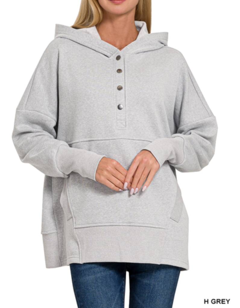 Zenana - HALF BUTTON HOODED PULLOVER WITH KANGAROO POCKET